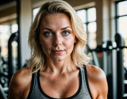 ai generiert Foto von schön Mitte alt Frau mit blond Haar und Sport Outfit tun Übung im Fitnessstudio, generativ ai