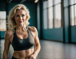 ai generiert Foto von schön Mitte alt Frau mit blond Haar und Sport Outfit tun Übung im Fitnessstudio, generativ ai