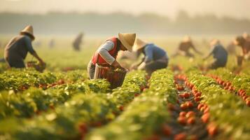 ai generiert landwirtschaftlich Arbeitskräfte Sprühen Pestizide auf ein Erdbeere Feld im das Morgen foto