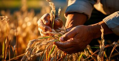 ai generiert Reis Ernte auf ein Plantage im Vietnam - - ai generiert Bild foto