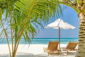 tolle Strand. romantisch Stühle Regenschirm auf sandig Strand Palme Blätter, Sonne Meer Himmel. Sommer- Urlaub, Paare Urlaub. Liebe glücklich tropisch Landschaft. still Insel Küste entspannen schön Landschaft Design foto