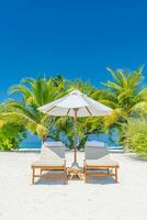 tolle Strand. romantisch Stühle Regenschirm auf sandig Strand Palme Blätter, Sonne Meer Himmel. Sommer- Urlaub, Paare Urlaub. Liebe glücklich tropisch Landschaft. still Insel Küste entspannen schön Landschaft Design foto