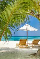 tolle Strand. romantisch Stühle Regenschirm auf sandig Strand Palme Blätter, Sonne Meer Himmel. Sommer- Urlaub, Paare Urlaub. Liebe glücklich tropisch Landschaft. still Insel Küste entspannen schön Landschaft Design foto