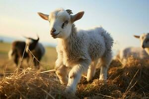 ai generiert süß wenig Baby Ziege im das Feld ai generiert foto