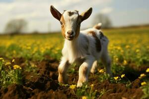 ai generiert süß wenig Baby Ziege im das Feld ai generiert foto