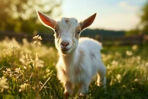 ai generiert süß wenig Baby Ziege im das Feld ai generiert foto