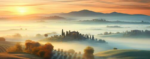 ai generiert schön Landschaft von toskana, Italien, beim Sonnenaufgang foto