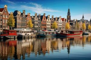 ai generiert Amsterdam Stadtbild mit Kanäle und Boote, Holland, Niederlande, Amsterdam Niederlande Tanzen Häuser Über Fluss amstel Wahrzeichen, ai generiert foto