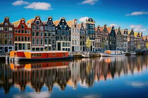 ai generiert Amsterdam Kanal mit bunt Häuser und Boote, Holland, Niederlande, Amsterdam Niederlande Tanzen Häuser Über Fluss amstel Wahrzeichen, ai generiert foto