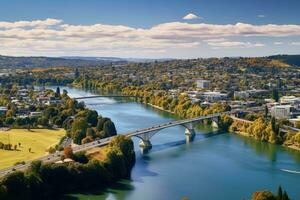 ai generiert Antenne Aussicht von das Rhein Fluss und das Stadt von Schaffhausen, Schweiz, Antenne Drohne Panorama- Aussicht suchen beim Victoria Brücke Über das Waikato Fluss wie es durchquert das Stadt foto