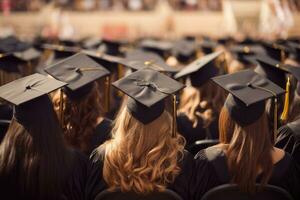 ai generiert zurück Aussicht von ein Gruppe von Absolventen beim das Universität Abschluss Zeremonie, Rückseite von Abschluss Hüte während das Beginn Erfolg, ai generiert foto