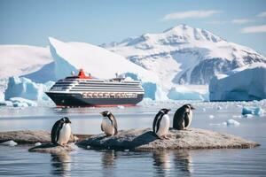 ai generiert Gentoo Pinguine und Kreuzfahrt Schiff im Antarktis, Antarktis Halbinsel, Antarktis Pinguine und ein Kreuzfahrt Schiff, ai generiert foto