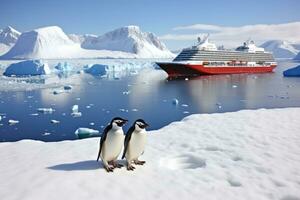 ai generiert Antarktis Pinguine auf das Eis Scholle mit Kreuzfahrt Schiff, Antarktis Pinguine und ein Kreuzfahrt Schiff, ai generiert foto