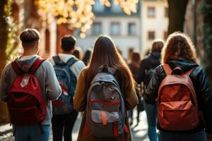 ai generiert zurück Aussicht von ein Gruppe von Studenten mit Rucksäcke Gehen im das Stadt, zurück Aussicht von ein Gruppe von Studenten mit Rucksäcke Gehen auf das Straße, ein Gruppe von hoch Schule Kinder mit, ai generiert foto