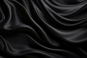 ai generiert Nahansicht von wellig schwarz Seide Stoff. 3d machen Illustration, abstrakt Hintergrund von schwarz Stoff, ai generiert foto