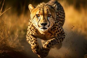 ai generiert Gepard Laufen im Krüger National Park, Süd Afrika Spezies Acinonyx jubatus Familie von Felidae, ein Gepard Laufen im schließen oben foto