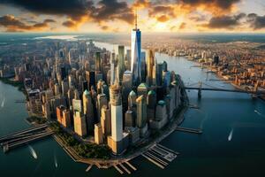 ai generiert Antenne Aussicht von das Neu York Stadt Horizont mit Wolkenkratzer, Antenne Aussicht von niedriger Manhattan, Neu York Stadt, ai generiert foto