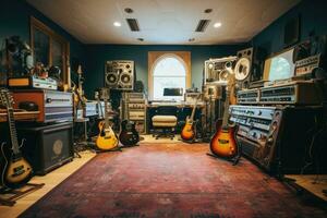 ai generiert Jahrgang Musik- Studio Innere mit Gitarre, Verstärker, Sprecher und Vinyl Aufzeichnungen, ein Innen- Aufzeichnung Studio mit Gitarren, Verstärker, und Klaviere, ai generiert foto