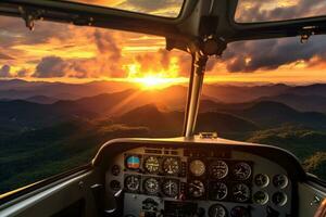 ai generiert Hubschrauber Cockpit mit ein schön Sonnenaufgang im das Hintergrund Über das Berge, Antenne Sonnenuntergang Aussicht Über das Blau Grat Berge von das Cockpit von ein Privat Flugzeug, Himmel mit foto