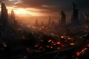 ai generiert Fantasie Landschaft mit Verbrennung Stadt beim Nacht. 3d Illustration, ein dystopisch Welt zerstört durch Überbevölkerung, ai generiert foto