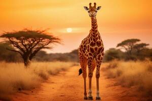 ai generiert Giraffe im das Savanne beim Sonnenuntergang, Kenia, Afrika, tolle Giraffe Gehen über das afrikanisch Savanne, ai generiert foto