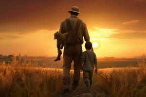 ai generiert Vater und Sohn Gehen im Weizen Feld beim Sonnenuntergang. Konzept von freundlich Familie, Landwirtschaft glücklich Vater Farmer trägt Sohn Kind, ai generiert foto