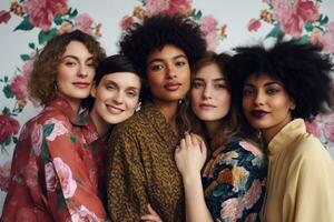 ai generiert multiethnisch Gruppe von schön jung Frauen posieren gegen Blumen- Wand, Aktion Schuss von gemischt Alter Angebot multi ethnisch Frauen feiern International Damen Tag, ai generiert foto