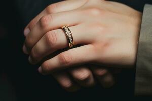 ai generiert Nahansicht von Frau Hand mit Hochzeit Ring auf schwarz Hintergrund, Hochzeit Ringe und Hände Nahaufnahme, ai generiert foto