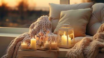 ai generiert gemütlich Leben Zimmer mit ein Couch bedeckt im Kissen und ein Decke, ein Laterne, und Kerzen auf ein hölzern Tabelle im Vorderseite von ein Fenster. das warm glühen von das Kerzen und Laterne schafft ein entspannend foto