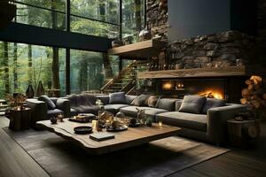 ai generiert rustikal Leben Zimmer mit ein Kamin, Couch, Fernseher, ausgesetzt Holz Balken, und Holz Etagen. das Leben Zimmer hat ein Aussicht von das Wald durch ein groß Fenster. das Kamin ist gemacht von Stein foto