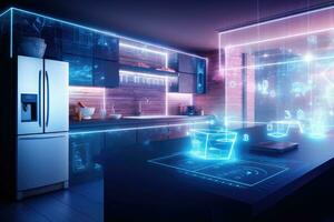ai generiert 3d Illustration von Blau modern Küche im ein Haus mit ein schön Design, ein Clever Küche Innere mit glühend Netzwerk Verbindungen und ein Digital Technologie Hologramm, ai generiert foto