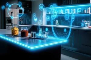 ai generiert 3d Rendern Wissenschaft und Technologie Konzept mit Labor Glaswaren auf Tisch, ein Clever Küche in Verbindung gebracht mit ein Internet Verbindung, mit ein Digital Technologie Hologramm, ai generiert foto