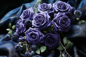 ai generiert ein Nahansicht von ein Strauß von lila Rosen auf ein Blau Tuch, vereinbart worden im ein Spiral- Muster und gebunden mit ein lila Schleife. das Rosen sind im voll blühen und haben zart Blütenblätter foto