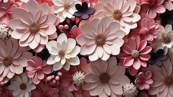 ai generiert Nahansicht Foto von Papier Blumen Eigenschaften ein schön Anordnung von Rosa, Weiss, und schwarz Blumen. das Blumen sind vereinbart worden im ein Weg Das schafft ein atemberaubend und Blickfang Hintergrund.