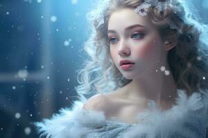 ai generiert Winter Porträt von schön jung Frau im Weiß Pelz Mantel und Schneeflocken, ein faszinierend Szene von Schneeflocken treiben im das Wind mit Sanft Farben und ein verträumt Atmosphäre, ai generiert foto