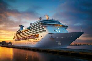 ai generiert Kreuzfahrt Schiff im das Hafen von st. maarten beim Sonnenuntergang, ein groß Weiß Kreuzfahrt Schiff steht in der Nähe von das Seebrücke beim Sonnenuntergang, ai generiert foto