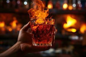 ai generiert Hand von Barmann halten Glas von Whiskey mit Eis Würfel auf Feuer Hintergrund, ein Glas von feurig Cocktail auf das Bar Zähler gegen das Hintergrund von das Kneipier Hände mit Feuer foto