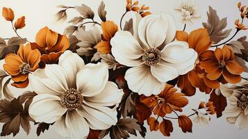 ai generiert Strauß von Weiß und Orange Blumen auf ein Weiß Hintergrund, vereinbart worden im ein Spiral- Muster und gebunden mit ein Weiß Schleife. das Blumen sind im voll blühen und haben zart Blütenblätter. foto
