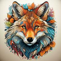 ai generiert ein befleckt Glas Fuchs Kopf im ein Vielfalt von Farben, einschließlich Rot, orange, Gelb, und Blau, auf ein Weiß Hintergrund. das Fuchs Augen sind geschlossen und es ist Mund ist offen. foto