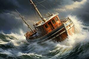 ai generiert Angeln Boot im stürmisch Meer. 3d Rendern Illustration, Jahrgang Angeln Boot nehmen auf Rau Meere, ai generiert foto