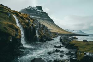 ai generiert isländisch Landschaft mit ein Wasserfall im das Vordergrund. lange Belichtung, Fernweh Forscher entdecken isländisch natürlich Wunder, ai generiert foto