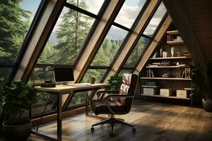 ai generiert ein modern Zuhause Büro Eigenschaften ein groß dreieckig Fenster Das bietet an ein Panorama- Aussicht von ein Wald. das Raum ist möbliert mit ein Schreibtisch, Computer, Stuhl, und Bücherregal. foto