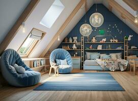 ai generiert charmant Dachboden Schlafzimmer mit Blau Wände, Weiß Bett, Stühle, und Teppich, zündete durch Dachfenster. das Blau und Weiß Farbe planen schafft ein beruhigend und einladend Atmosphäre foto