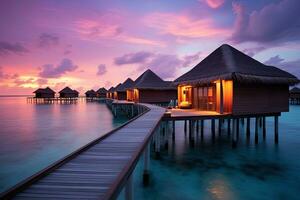 ai generiert tropisch Strand mit Wasser Bungalows beim Sonnenuntergang, Malediven, Wasser Villen auf Malediven Resort Insel im Sonnenuntergang, ai generiert foto