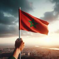 ai generiert das Flagge von Marokko mit ein Hintergrund von Feuerwerk feiern Unabhängigkeit Tag foto