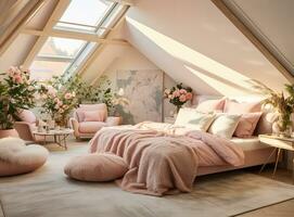 ai generiert ein gemütlich Schlafzimmer mit ein Rosa Bett, Stuhl, Teppich, und Gemälde von Blumen auf das Mauer. das Bett ist gemacht oben mit ein Rosa Tröster und Kissen, und das Stuhl ist gemacht oben mit ein Rosa Ottomane foto