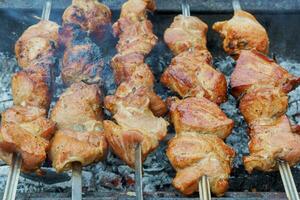 appetitlich frischfleisch schaschlik zubereitet grill holz foto