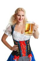 schön jung blond Mädchen von Oktoberfest Bier Stein foto