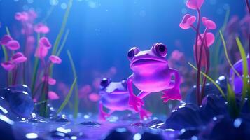 ai generiert süß Frosch ist Sitzung auf das Felsen im das See. schön Natur auf das See. lila Blumen Neon- Beleuchtung. dunkel Fantasie Hintergrund im Blau lila Farben foto