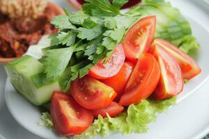 Kirsche Tomate Scheiben auf Tabelle foto